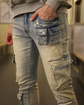 LOGEQI Spray-Painted Distressed Blue Jeans with Cargo Pockets