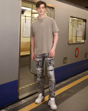 Logeqi Distressed Gothic Cargo Grey Jeans with Multiple Pockets
