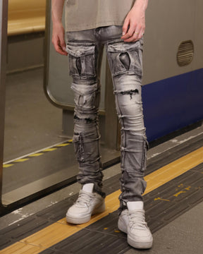 Logeqi Distressed Gothic Cargo Grey Jeans with Multiple Pockets