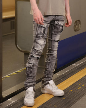 Logeqi Distressed Gothic Cargo Grey Jeans with Multiple Pockets