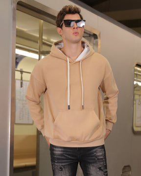 Pocket Hoodie with Drawstring Cords-Khaki