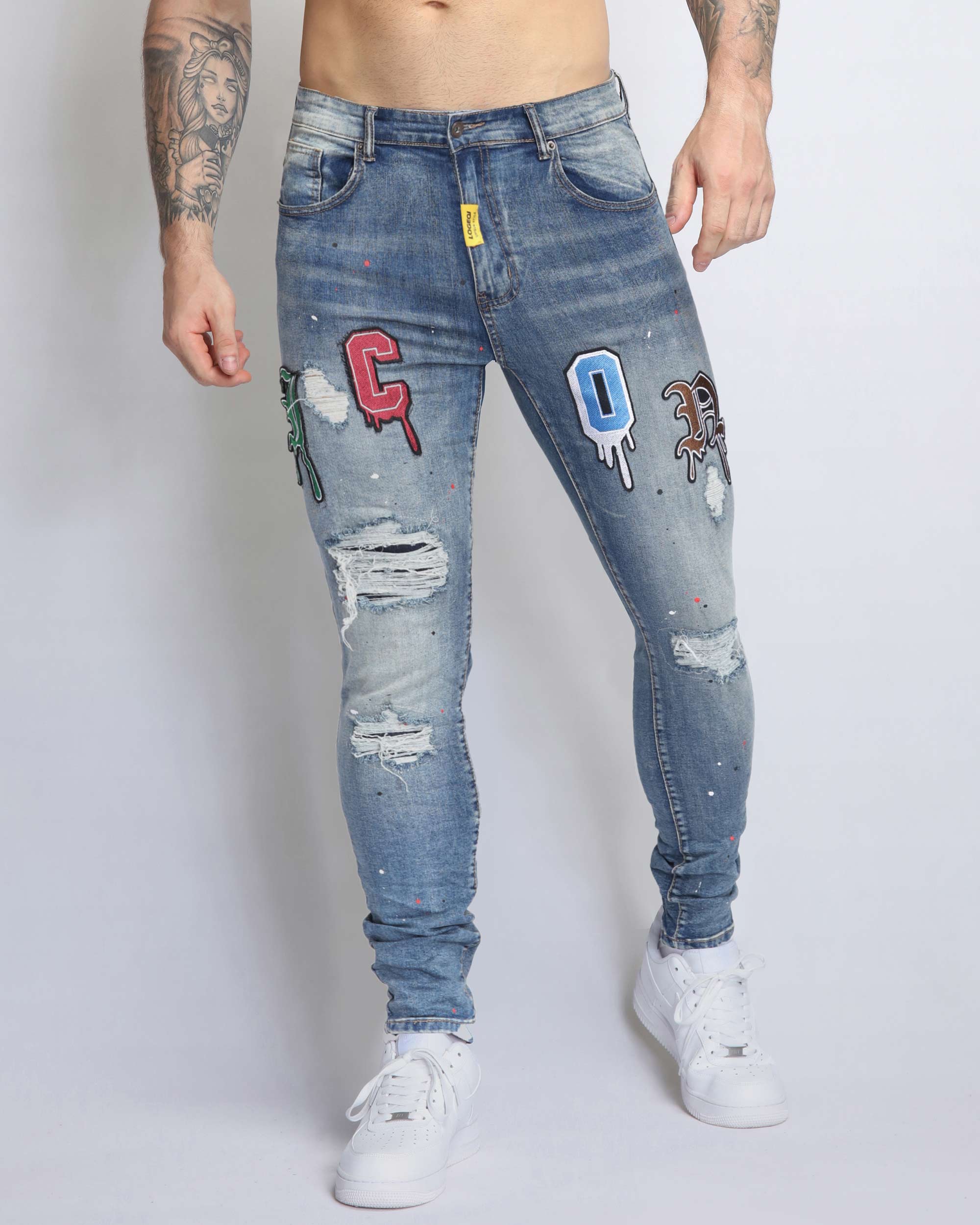 Men's Slim Fit Blue Ripped Jeans with Patches | LOGEQI