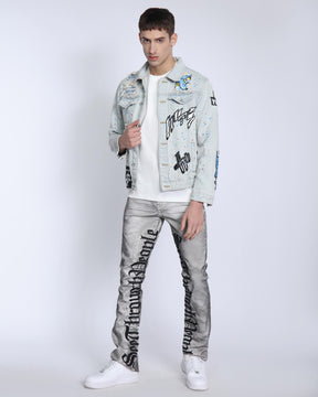 Distressed Graffiti Blue Denim Jacket with Rip & Repair-Mexico Local Delivery