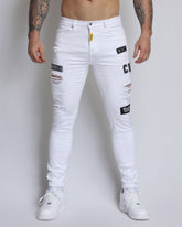 Skinny White Ripped Jeans with Letters Badge