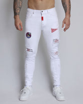 Trendy White Ripped Jeans with Badge