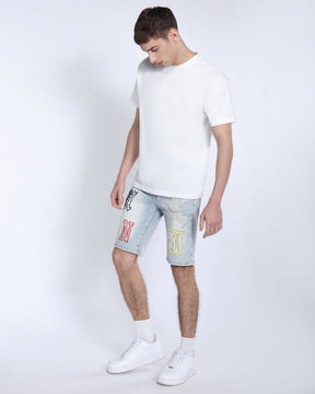 Light Wash Blue Denim Shorts with Letter Print
