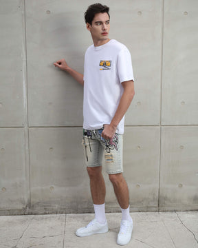 Distressed Graffiti Painted Blue Denim Shorts