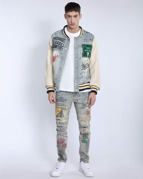 Retro Baseball Denim Jacket with Distressed Details