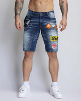 Ripped Blue Denim Shorts with Personality Badge in Medium Wash