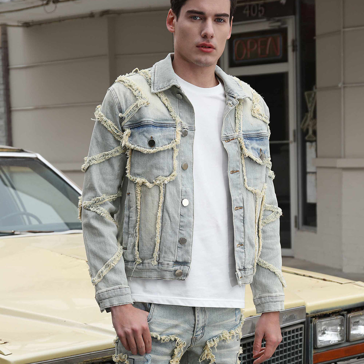 Men's Vintage Washed Blue Stacked Denim Jacket with Fringe | LOGEQI