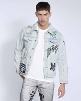 Distressed Graffiti Blue Denim Jacket with Rip & Repair-Mexico Local Delivery