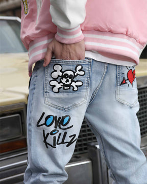 Medium Wash Slim Fit Blue Graffiti Painted Ripped Jeans