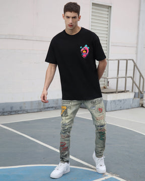 Detailing Graffiti Ripped Blue Washed Jeans-Mexico Local Delivery