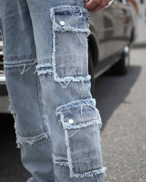 LOGEQI Street Style Men's Fringed Edge Blue Ripped Loose and Baggy Jeans with Pockets