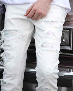 Hip-Hop Fringe White Ripped Jeans with Diamond Patch-Mexico Local Delivery