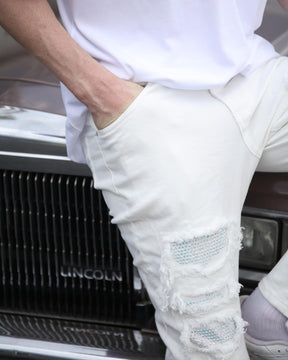 Hip-Hop Fringe White Ripped Jeans with Diamond Patch-Mexico Local Delivery