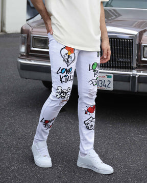 White Ripped Jeans with Colorful Graffiti-Mexico Local Delivery