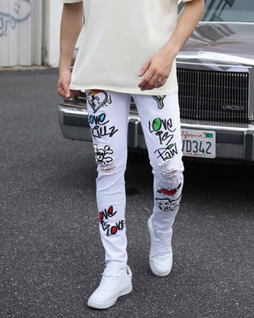 White Ripped Jeans with Colorful Graffiti-Mexico Local Delivery