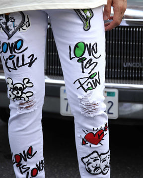 White Ripped Jeans with Colorful Graffiti-Mexico Local Delivery