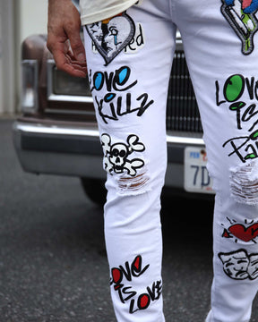 White Ripped Jeans with Colorful Graffiti-Mexico Local Delivery