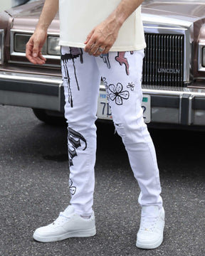 Streetwear White Ripped Jeans with Colorful Graffiti