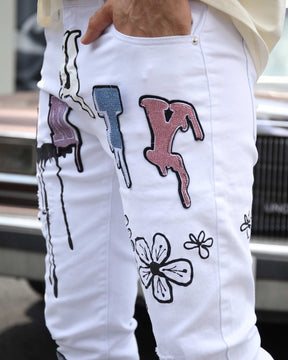 Streetwear White Ripped Jeans with Colorful Graffiti