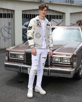 White Ripped Jeans with Yellow & Black Plaid Patches-Mexico Local Delivery