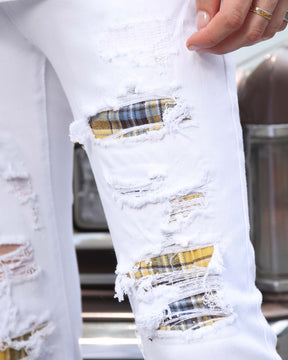 White Ripped Jeans with Yellow & Black Plaid Patches-Mexico Local Delivery