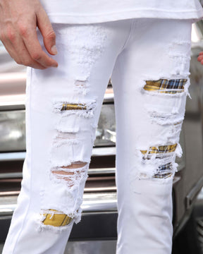 White Ripped Jeans with Yellow & Black Plaid Patches-Mexico Local Delivery