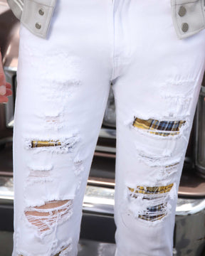 White Ripped Jeans with Yellow & Black Plaid Patches-Mexico Local Delivery