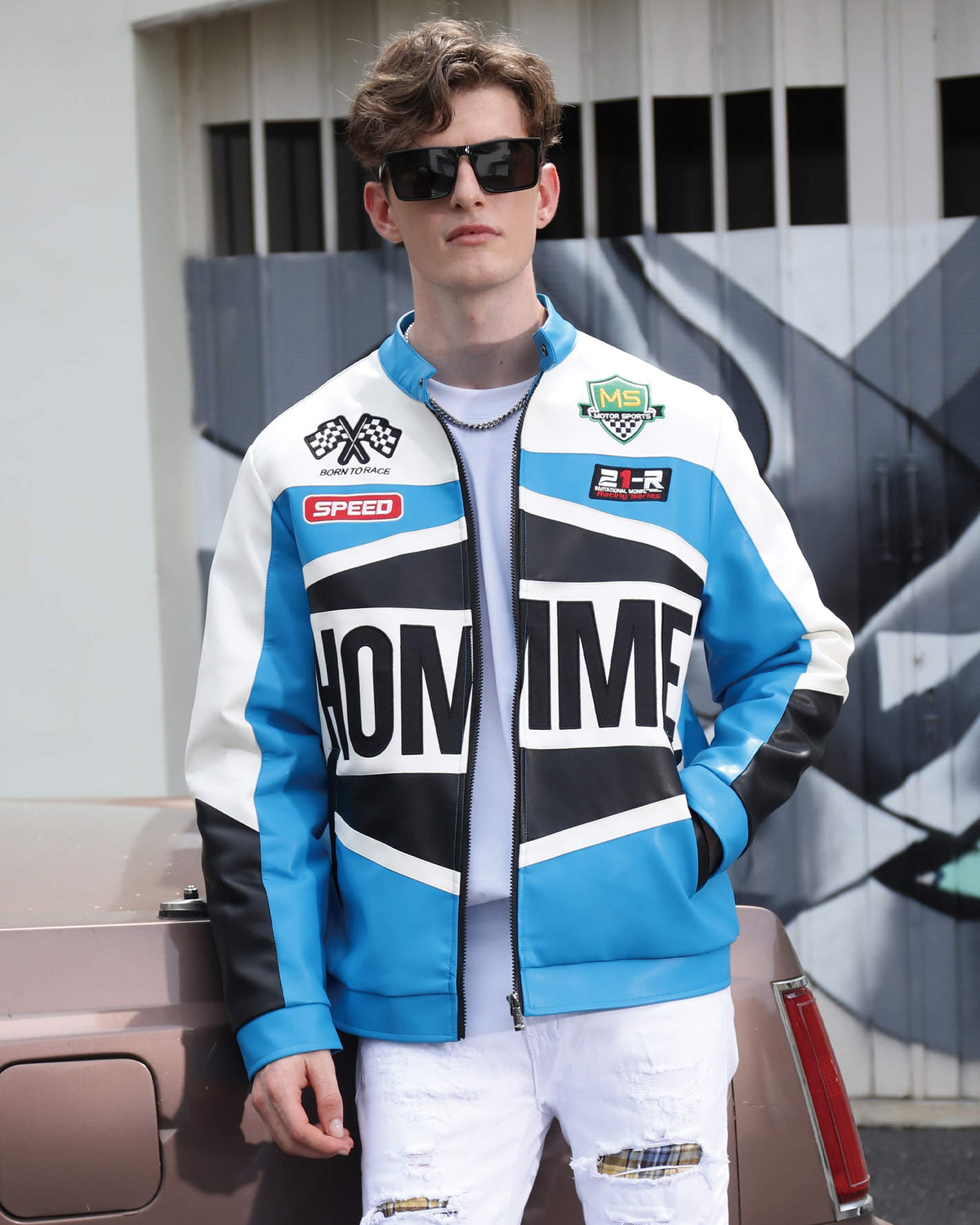Motorcycle-Style Color-Block Jackets with Welt Collar