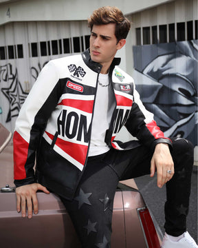 Motorcycle-Style Color-Block Jackets with Welt Collar
