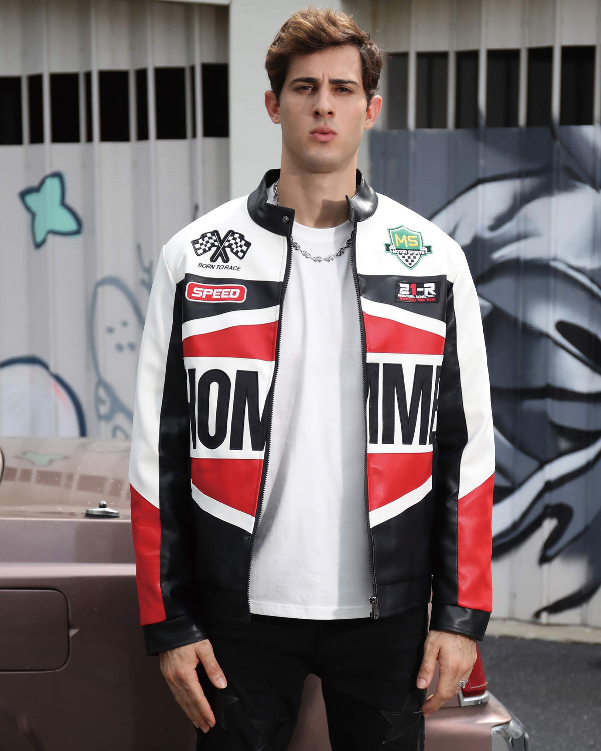 Motorcycle-Style Color-Block Jackets with Welt Collar