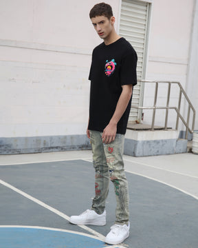 Detailing Graffiti Ripped Blue Washed Jeans-Mexico Local Delivery