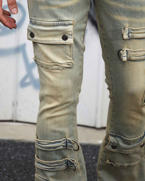 Industrial Style Distressed Straight Leg Cargo Jeans-Mexico Local Delivery