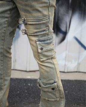 Industrial Style Distressed Straight Leg Cargo Jeans-Mexico Local Delivery