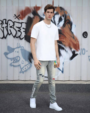 Logeqi Distressed Light Wash Blue Ripped Jeans with Lion Motif Embroider