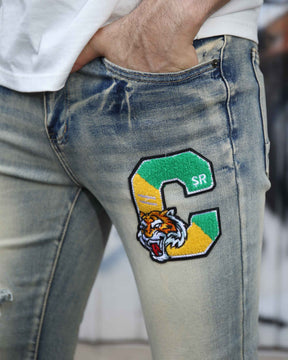 Logeqi Distressed Light Wash Blue Ripped Jeans with Lion Motif Embroider