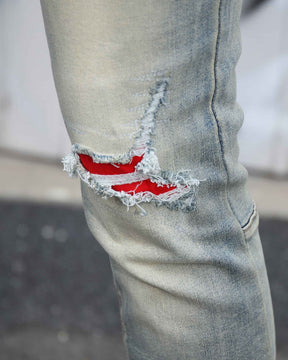 Logeqi Distressed Light Wash Blue Ripped Jeans with Lion Motif Embroider