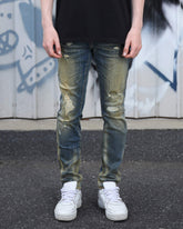 Irregularly Distressed Dark Wash Slim Fit Blue Ripped Jeans-Mexico Local Delivery