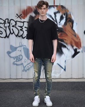Irregularly Distressed Dark Wash Slim Fit Blue Ripped Jeans-Mexico Local Delivery