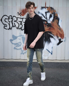 Irregularly Distressed Dark Wash Slim Fit Blue Ripped Jeans-Mexico Local Delivery