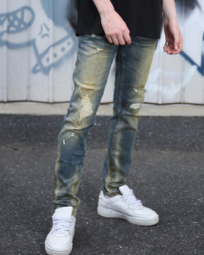 Irregularly Distressed Dark Wash Slim Fit Blue Ripped Jeans-Mexico Local Delivery
