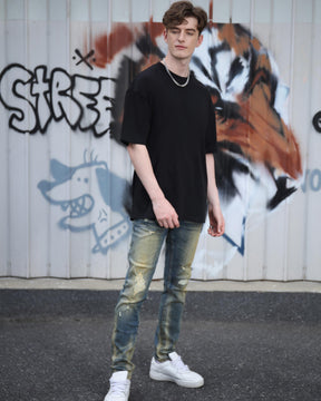 Irregularly Distressed Dark Wash Slim Fit Blue Ripped Jeans-Mexico Local Delivery