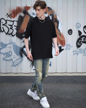 Irregularly Distressed Dark Wash Slim Fit Blue Ripped Jeans-Mexico Local Delivery