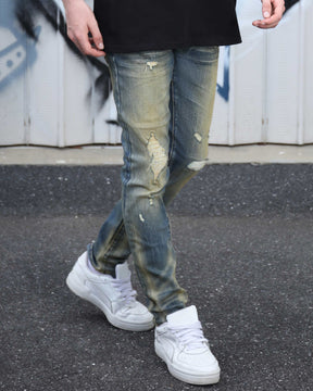 Irregularly Distressed Dark Wash Slim Fit Blue Ripped Jeans-Mexico Local Delivery