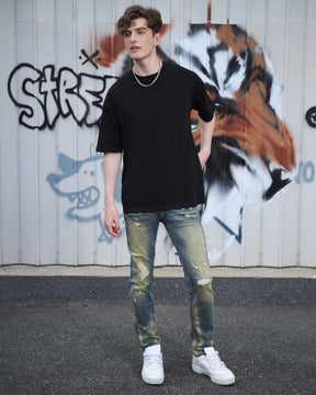 Irregularly Distressed Dark Wash Slim Fit Blue Ripped Jeans-Mexico Local Delivery