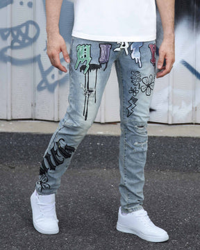 Logeqi Street Art Light Wash Blue Jeans Adorned with Painted Graffiti