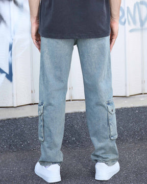 Logeqi Distressed Craftsmanship in Blue Baggy Jeans with Multiple Pockets