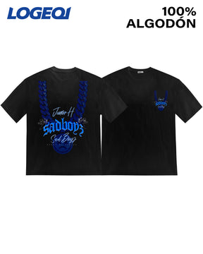 LOGEQI Men’s 100% Cotton Graphic T-Shirt – Junior H SadBoy Chain Print Streetwear Tee